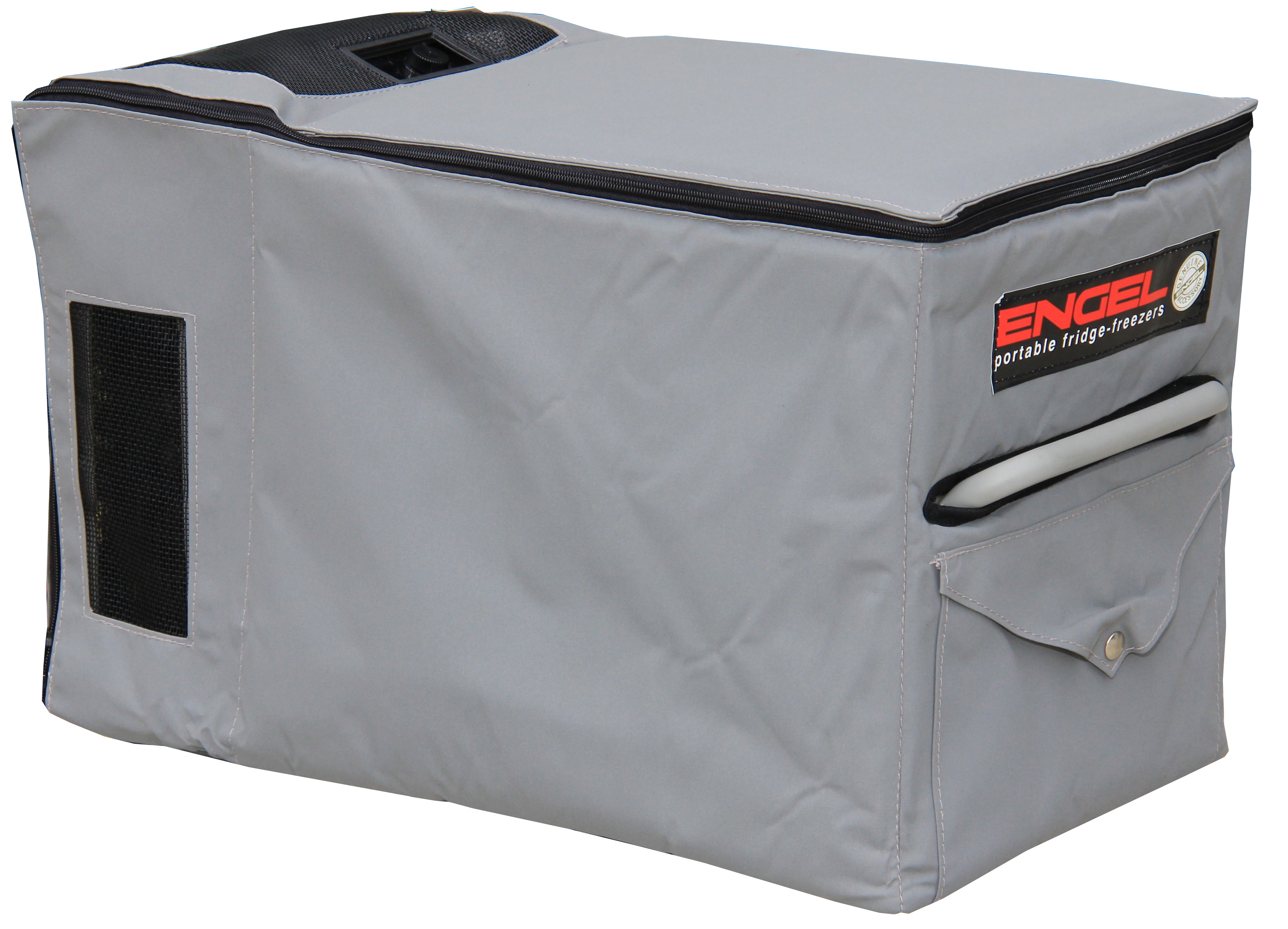 A gray Engel Coolers Fridge Freezer Transit Bag with a black zipper.