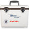 A leak-proof white cooler with the word Engel Coolers on it, perfect for outdoors.