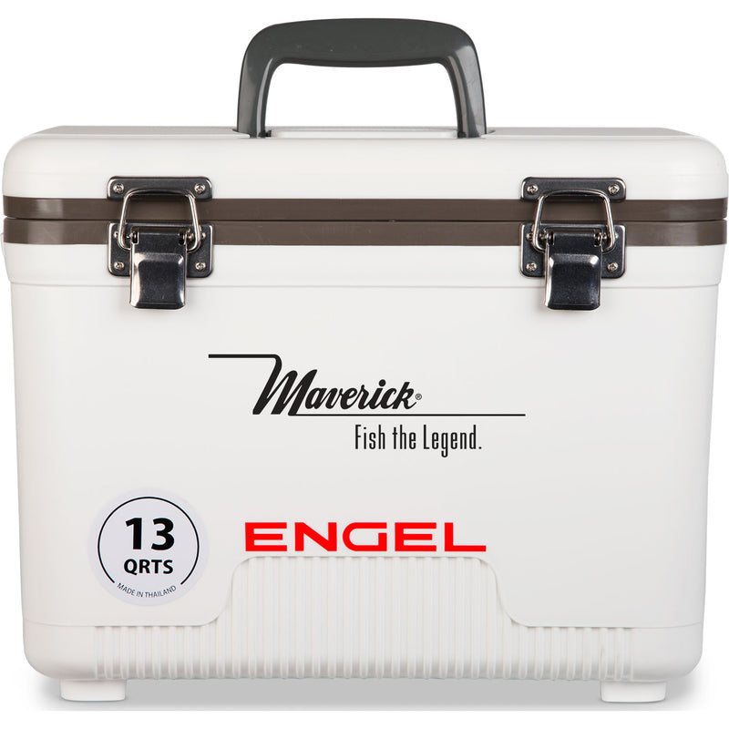 A white, leak-proof Engel Coolers 13 Quart Drybox/Cooler with the word Engel on it.