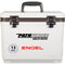 A white leak-proof cooler with the Engel 13 Quart Drybox/Cooler - MBG brand on it.