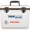 A white, leak-proof Engel 13 Quart Drybox/Cooler with the word Engel Coolers on it.