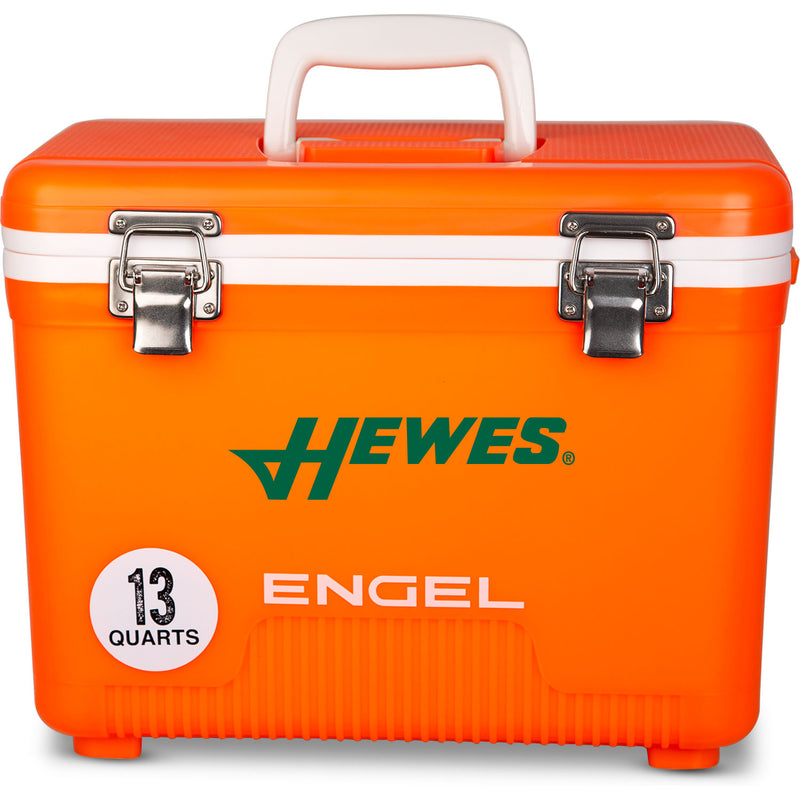 A leak-proof orange cooler with the word Engel Coolers on it, perfect for the outdoors.