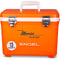 Sentence with replaced product and brand name: An orange, leak-proof Engel 13 Quart Drybox/Cooler with the word Engel Coolers on it, perfect for outdoors.