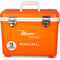 An orange, leak-proof Engel 13 Quart Drybox/Cooler with the word Engel Coolers on it.