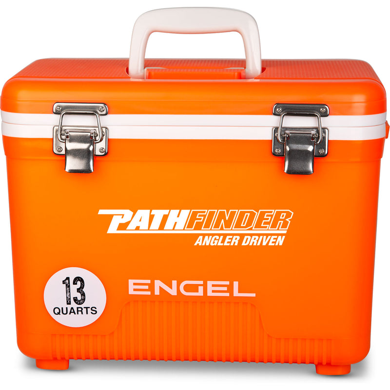 An orange, leak-proof Engel 13 Quart Drybox/Cooler with the word Engel on it, perfect for outdoors.