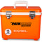 An orange, leak-proof Engel Coolers 13 Quart Drybox/Cooler with the word "pathfinder" on it.