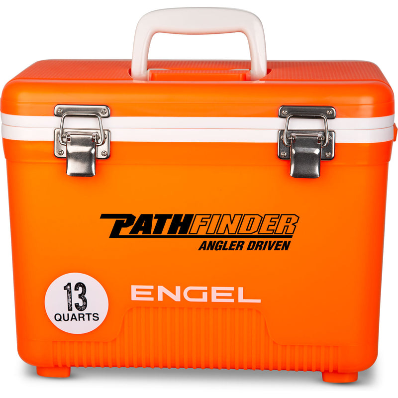 An orange, leak-proof Engel 13 Quart Drybox/Cooler - MBG with the word "Pathfinder" on it.