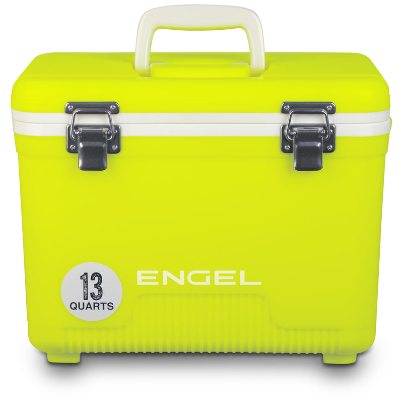 A yellow Engel 13 Quart Drybox/Cooler with the word Engel on it, perfect for any outdoor adventure.