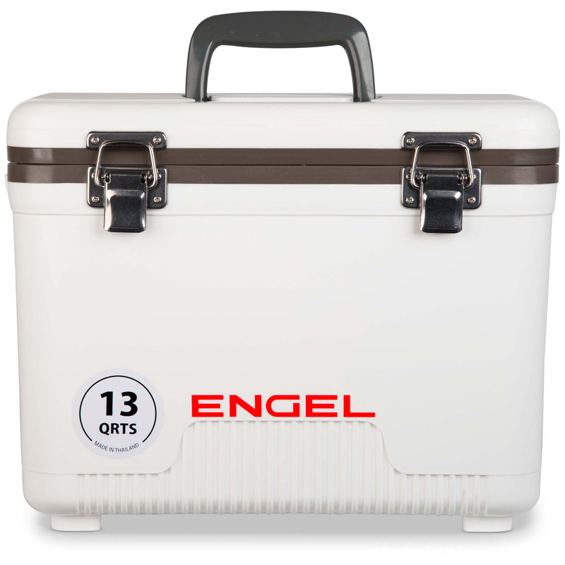 A white Engel 13 Quart Drybox/Cooler with the word Engel Coolers on it.