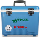 A blue, leak-proof cooler with the word "Engel Coolers" on it.