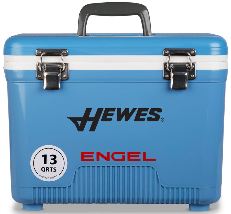 A blue, leak-proof cooler with the words Engel Coolers on it.