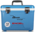 A blue, leak-proof Engel 13 Quart Drybox/Cooler with the word Engel Coolers on it, designed for outdoors.