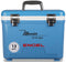 A blue, leak-proof Engel 13 Quart Drybox/Cooler with the word Engel Coolers on it, designed for outdoors.