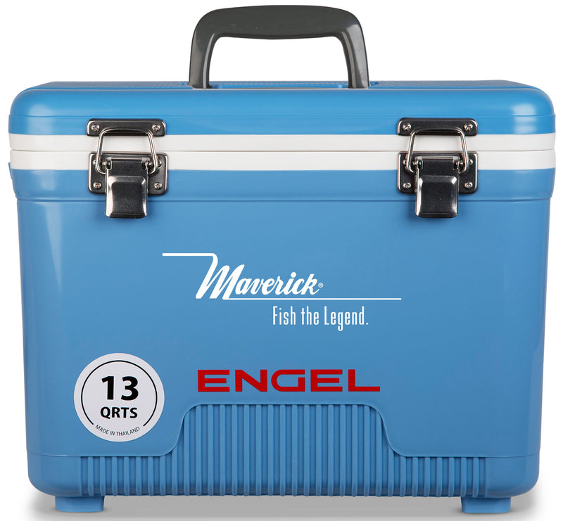 A blue, leak-proof Engel 13 Quart Drybox/Cooler with the word Engel Coolers on it, ideal for the outdoors.