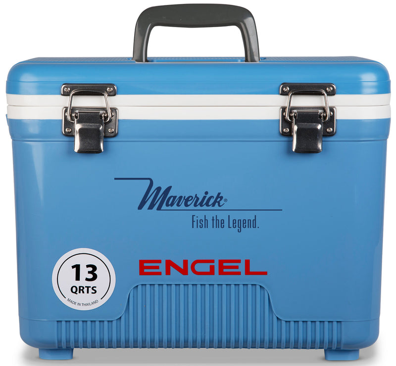 A leak-proof Engel 13 Quart Drybox/Cooler with the word Engel on it, perfect for outdoors.