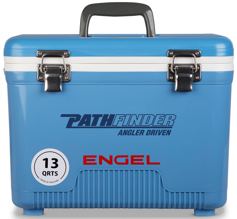A leak-proof Engel 13 Quart Drybox/Cooler with the word pathfinder on it.