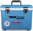A leak-proof blue Engel 13 Quart Drybox/Cooler with the word Pathfinder on it, perfect for the outdoors.