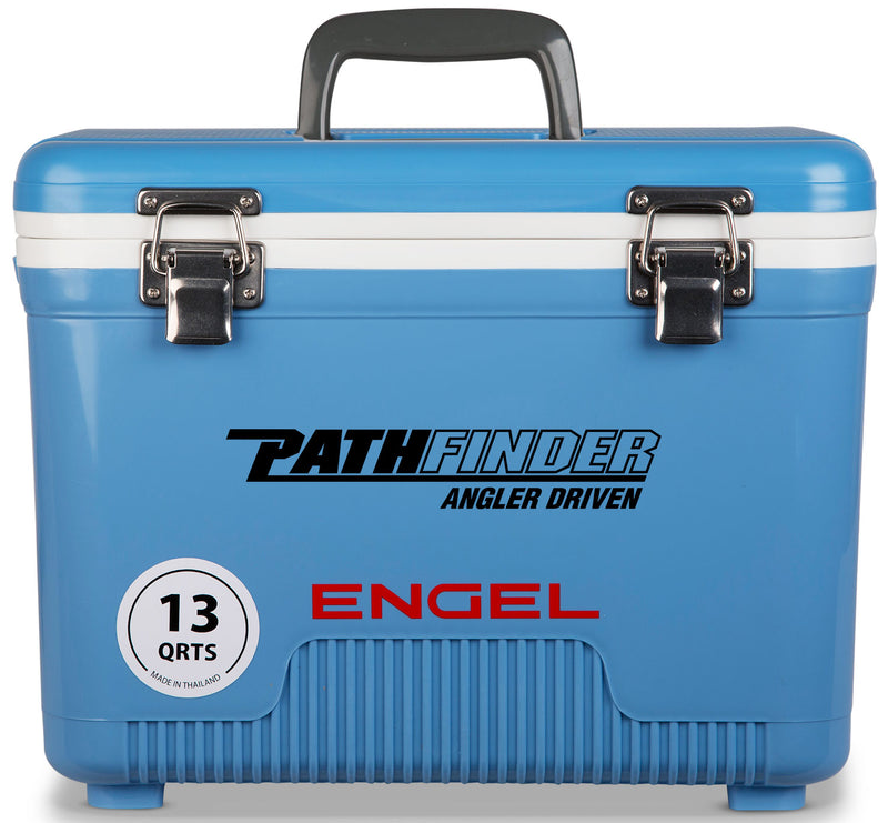 A leak-proof blue Engel 13 Quart Drybox/Cooler with the word Pathfinder on it, perfect for the outdoors.