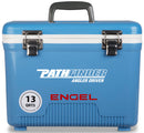A blue, leak-proof Engel Coolers 13 Quart Drybox/Cooler with the word Engel on it.
