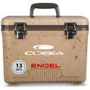 A brown, leak-proof Engel Coolers cooler with the word "cobia" on it.