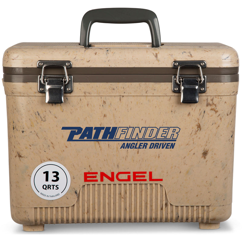 A leak-proof Engel 13 Quart Drybox/Cooler with the word Engel on it.