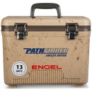 An Engel Coolers outdoor cooler with the word "Engel" on it, renowned for its leak-proof design.