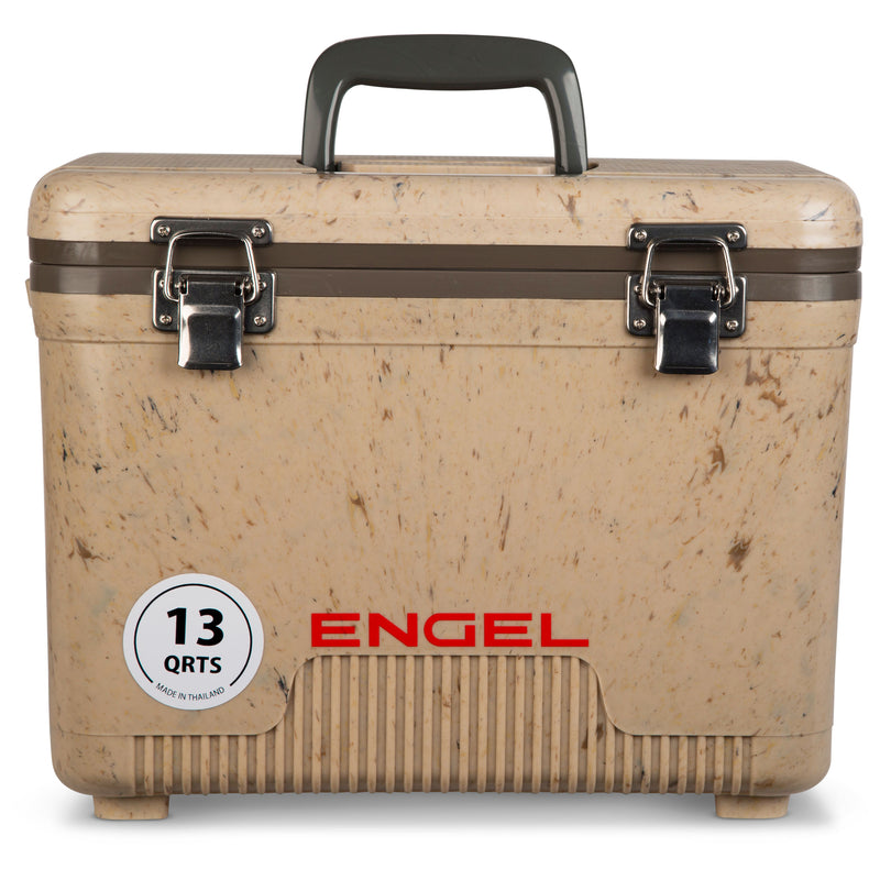 An Engel Coolers 13 Quart Drybox/Cooler with the word "Engel" on it, perfect for your next outdoor adventure.