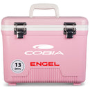 A pink leak-proof cooler with the name Engel Coolers on it.
