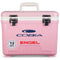 A leak-proof, pink Engel 13 Quart Drybox/Cooler with the name Engel Coolers on it, perfect for outdoors.