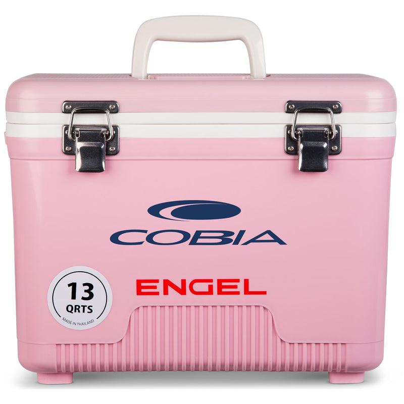 A leak-proof, pink Engel 13 Quart Drybox/Cooler with the name Engel Coolers on it, perfect for outdoors.