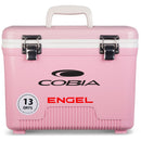 A pink, leak-proof cooler with the name Engel Coolers on it.