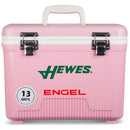 A pink leak-proof cooler with the words Engel Coolers on it.