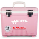 A pink, leak-proof cooler with the words Engel Coolers on it.