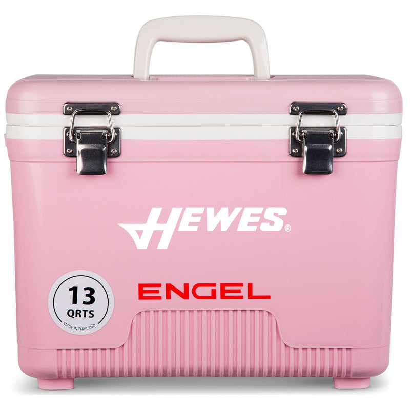 A pink, leak-proof cooler with the words Engel Coolers on it.