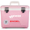 A leak-proof pink cooler with the words Engel Coolers on it, perfect for outdoors.
