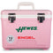 A pink, leak-proof cooler with the words Engel Coolers on it, perfect for outdoors.