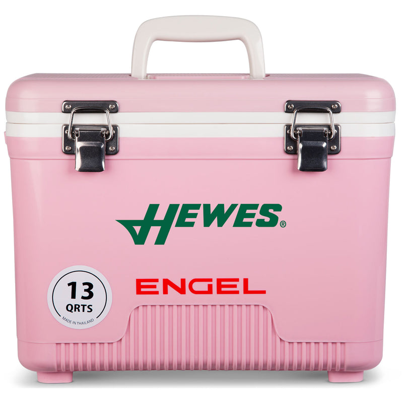 A pink, leak-proof cooler with the words Engel Coolers on it, perfect for outdoors.