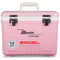 A pink, leak-proof Engel 13 Quart Drybox/Cooler with the word Engel Coolers on it, perfect for outdoors.