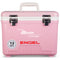 A pink, leak-proof Engel Coolers 13 Quart Drybox/Cooler with the word Engel on it, perfect for outdoor adventures.