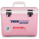 A pink, leak-proof cooler with the Engel Coolers logo on it.
