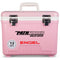 A leak-proof pink cooler with the word "Engel Coolers" on it, perfect for outdoors.