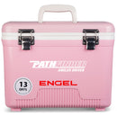 A pink, leak-proof Engel Coolers 13 Quart Drybox/Cooler with the word engel on it, perfect for your outdoor adventures.