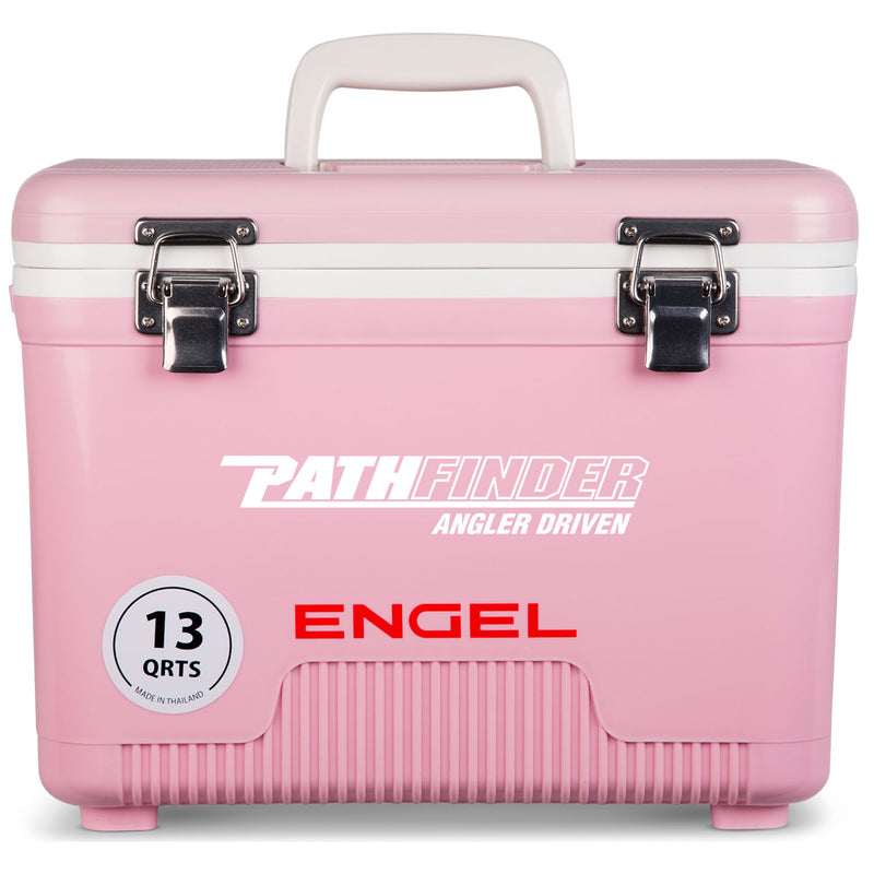 A pink, leak-proof cooler with the word Engel Coolers 13 Quart Drybox/Cooler - MBG on it.