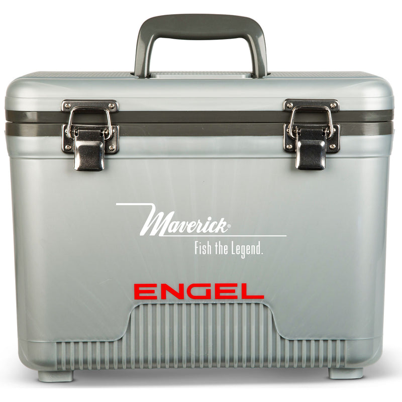 A leak-proof gray cooler with the word Engel Coolers on it, perfect for outdoors.