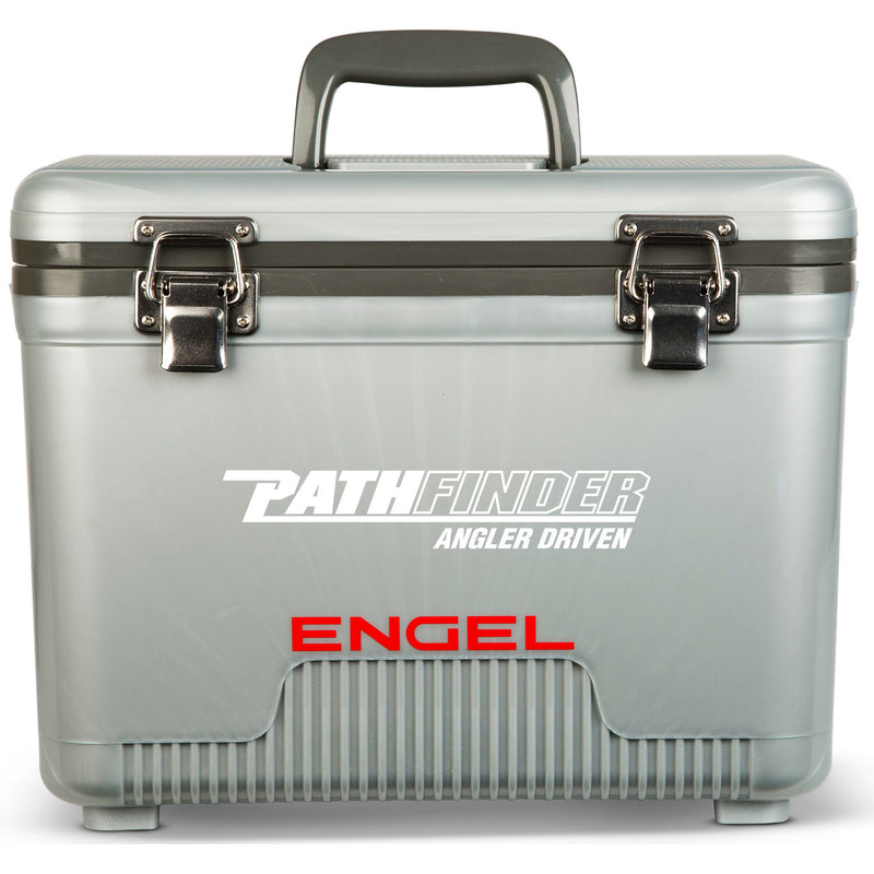A leak-proof, gray Engel 13 Quart Drybox/Cooler with the word Engel on it, designed for outdoors.