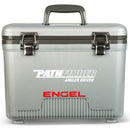 A gray, leak-proof cooler with the word Engel Coolers on it.