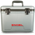 A gray Engel cooler with the word Engel on it, perfect for your next outdoor adventure.
