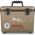 A leak-proof, tan Engel 13 Quart Drybox/Cooler with the word Engel Coolers on it, perfect for outdoors.