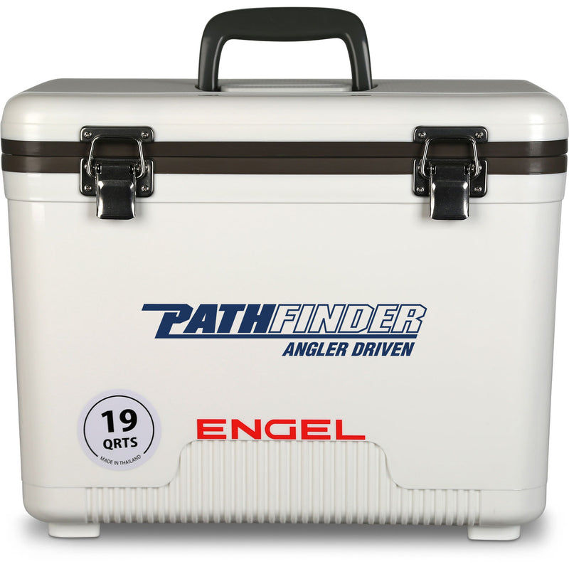 A leak-proof white cooler with the word "Engel Coolers" on it, perfect for your outdoor adventures.