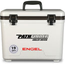 A leak-proof white cooler with the word Engel Coolers on it, perfect for any outdoor adventure.